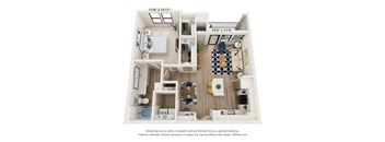 A 3D floor plan of a small apartment with a kitchen, living room, and bedroom.