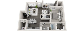 A 3D floor plan of a small apartment with a kitchen, living room, and bathroom.