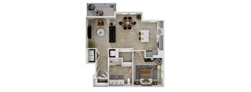 A top-down view of a modern apartment layout with a dining area, living room, kitchen, and bathroom.