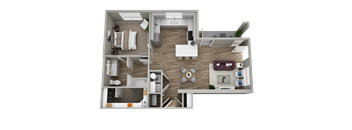 A 3D floor plan of a small apartment with a kitchen, living room, and bedroom.