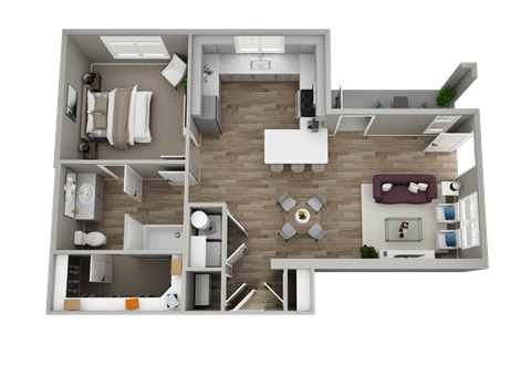 A 3D floor plan of a small apartment with a kitchen, living room, and bedroom.