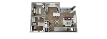 A 3D floor plan of a small apartment with a living room, kitchen, and bathroom.