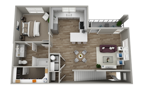 A 3D floor plan of a small apartment with a living room, kitchen, and bathroom.
