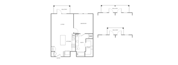 A floor plan of a house with a living room, bedroom, kitchen, bathroom, and entry.