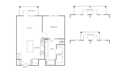 A floor plan of a house with a living room, bedroom, kitchen, bathroom, and entry.