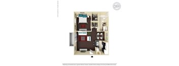 A 3D floor plan of a small apartment with a bedroom, living room, and kitchen.