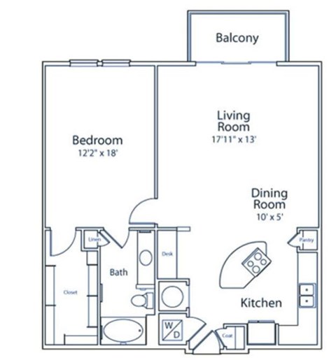 A floor plan of a small apartment with a bedroom, living room, dining room, kitchen, and bathroom.