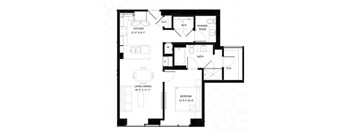 A black and white image of a house floor plan with a kitchen, living room, bathroom, powder room, and bedroom.