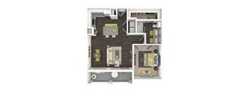 A top-down view of a house layout with a kitchen, living room, and bathroom.