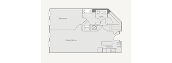 A floor plan of a small apartment with a bedroom, living room, and kitchen.