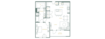 A floor plan of a house with a living room, dining room, kitchen, and bedrooms.