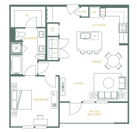 A floor plan of a house with a living room, dining room, kitchen, and bedrooms.
