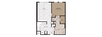 A floor plan of a small apartment with a living room, kitchen, bathroom, and bedroom.