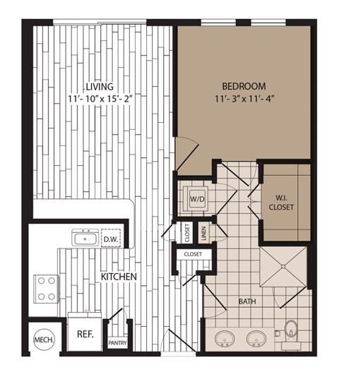 A floor plan of a small apartment with a living room, kitchen, bathroom, and bedroom.
