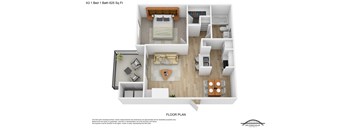 A 3D floor plan of a 1 bedroom apartment with a bathroom and a living room.