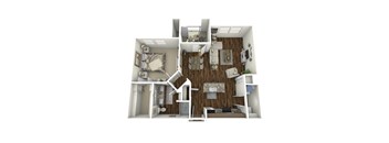 A 3D rendered image of a small apartment layout.