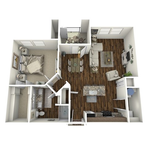A 3D rendered image of a small apartment layout.