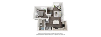 A 3D floor plan of a house with a kitchen, living room, and bathroom.