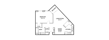 A floor plan of a house with a bedroom, living room, kitchen, dining room, and bathroom.