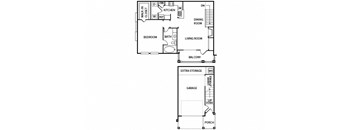 A floor plan of a house with a garage and a porch.