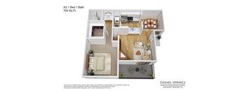 1 bed 1 bath 700 sq. ft. floorplan  at Cashel Springs, Texas, 77069