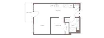 A floor plan of a small apartment with a living room, kitchen, bedroom, and bathroom.