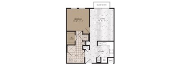 A floor plan of a house with a bedroom, bathroom, closet, kitchen, pantry, and a balcony or patio.