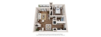 A 3D floor plan of a house with a kitchen, living room, and bedrooms.