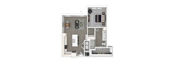 A floor plan of a small apartment with a kitchen, living room, and bathroom.