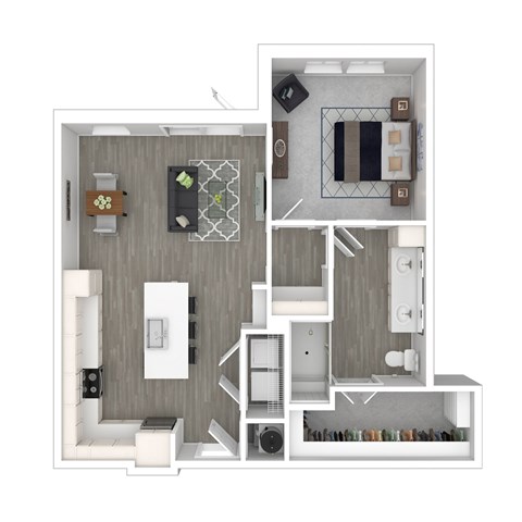 A floor plan of a small apartment with a kitchen, living room, and bathroom.