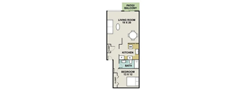 A floor plan of a home with a living room, kitchen, bath, and bedroom.