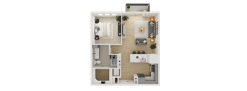 A top-down view of a small apartment with a kitchen, living room, and bedroom.