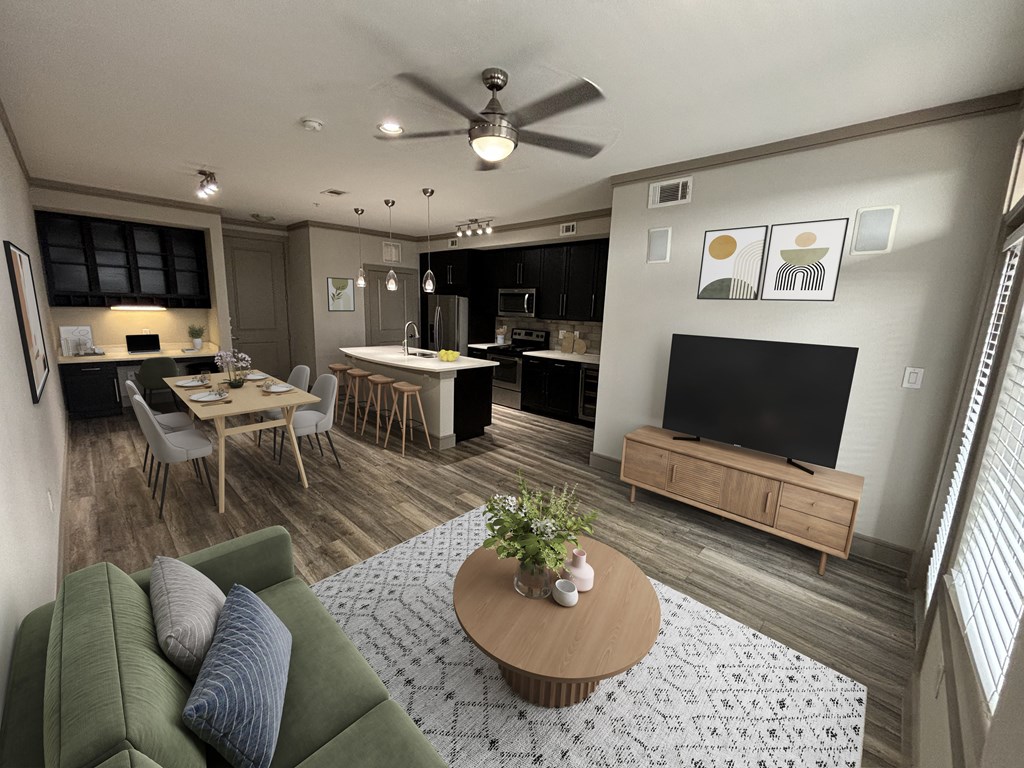 a living room with a couch and a table