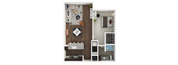 A top-down view of a small apartment with a kitchen, living room, and bedroom.