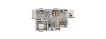 A floor plan of a small apartment with a kitchen, living room, and bathroom.