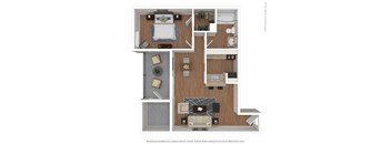 a stylized floor plan with a bedroom and living room