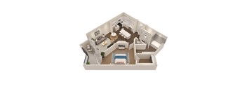 A 3D floor plan of a house with a living room, kitchen, dining room, and bathroom.