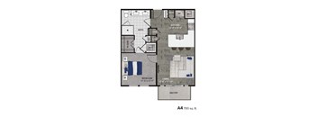 A floor plan of an apartment with a living room, bedroom, kitchen, and bathroom.