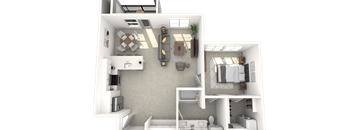A 3D rendered image of a modern apartment layout.