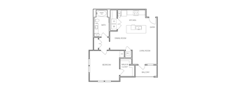 A floor plan of a house with a garage, kitchen, dining room, living room, bedroom, and balcony.