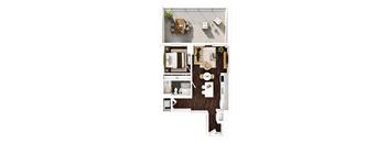 A top-down view of a kitchen and dining area with a table set for two.