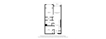 A floor plan of a house with a balcony, bedroom, living/dining room, kitchen, office, bath, and entry.