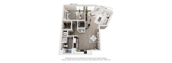 A 3D floor plan of a small apartment with a kitchen, living room, and bedroom.