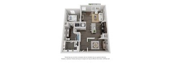 A 3D floor plan of a house with a kitchen, living room, and two bedrooms.