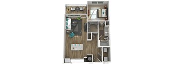 A 3D floor plan of a small apartment with a kitchen, living room, and bathroom.