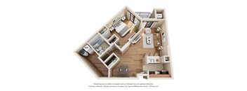 A 3D floor plan of a house with labeled rooms.
