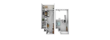 a stylized floor plan with a bedroom and a bathroom