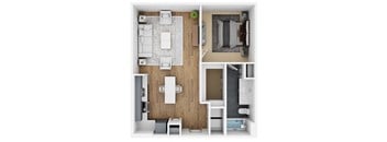 A top down view of a small apartment with a kitchen, dining area, and bedroom.