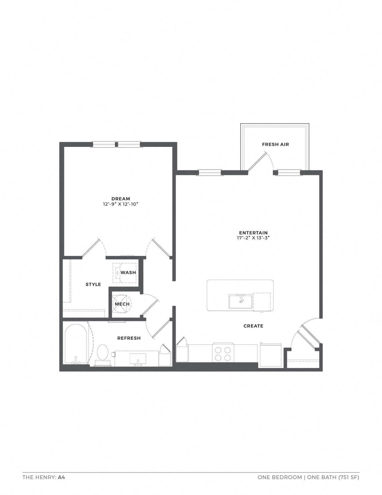 A floor plan of a one bedroom apartment with a bath.