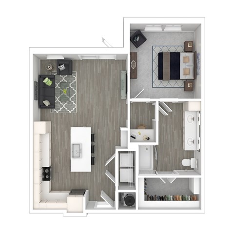 A floor plan of a small apartment with a kitchen, living room, and bathroom.